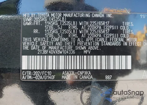 2011 Toyota Rav4 z USA, uszkodzony, nr VIN 2T3BF4DVXBW104336